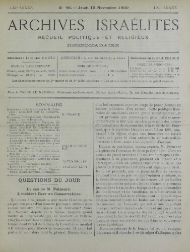Archives israélites de France. Vol.61 N°46 (15 nov. 1900)